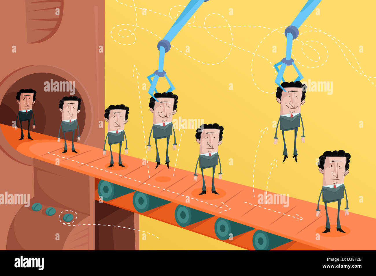 Immagine illustrativa dei candidati su un nastro trasportatore in rappresentanza di selezione del dipendente Foto Stock