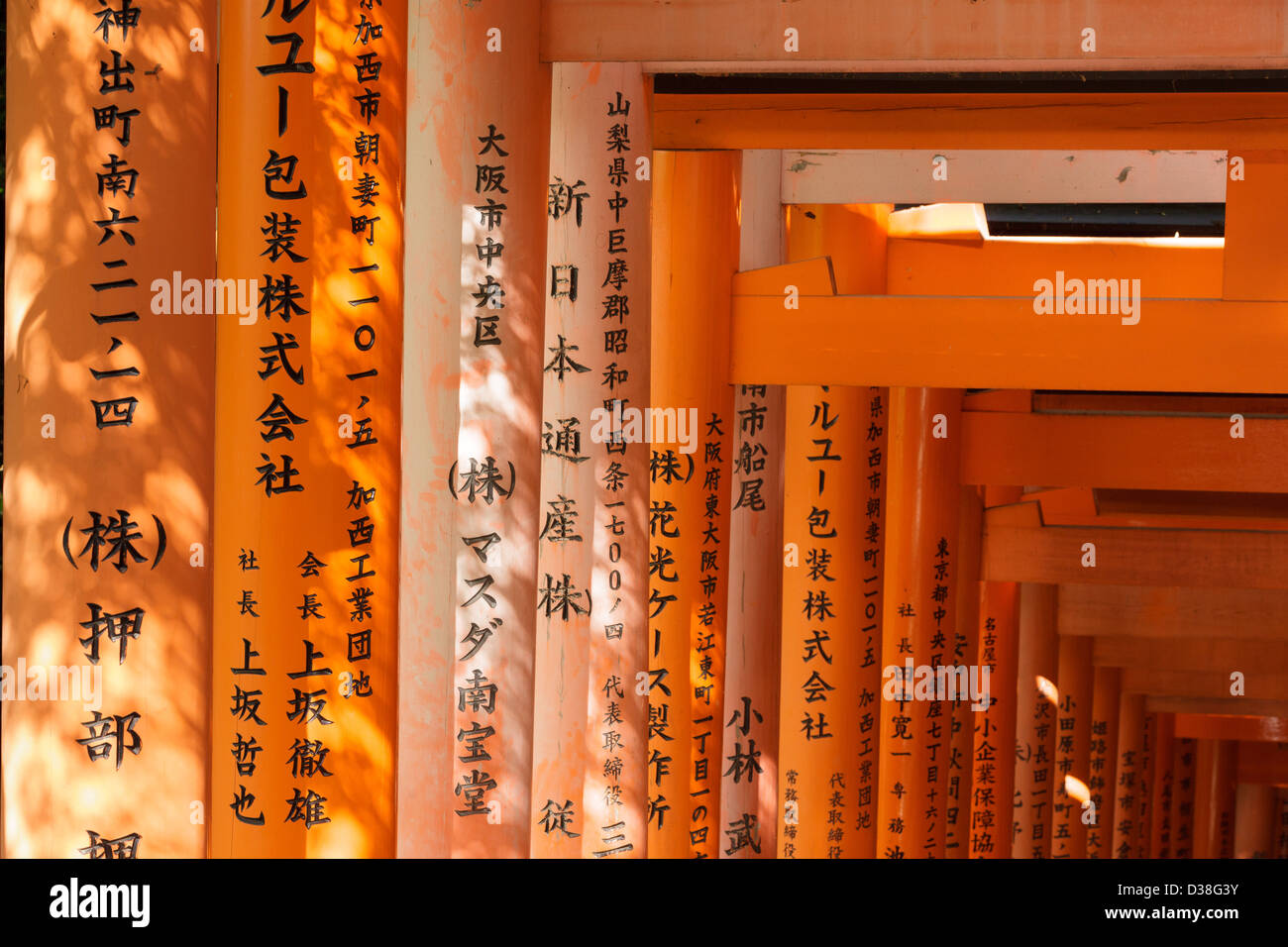 Giapponese Kanji scritti di Fushimi Inari santuario torii in tunnel di Kyoto, Giappone Foto Stock