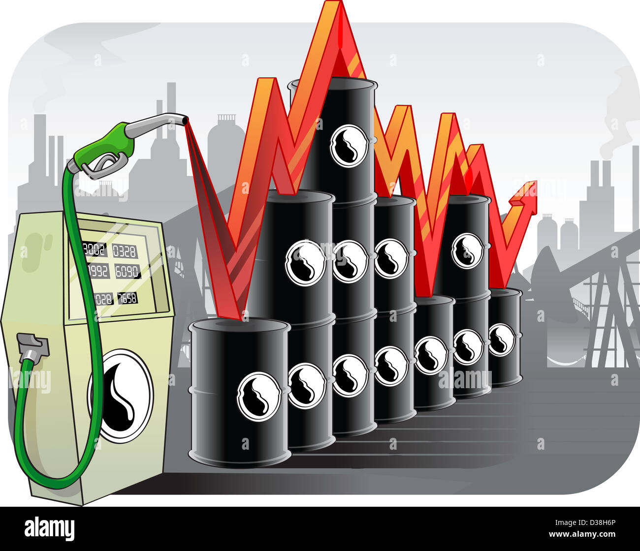Illustrazione che rappresenta la fluttuazione dei prezzi del petrolio Foto Stock