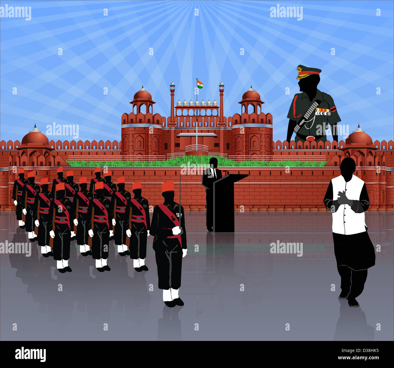 Giorno di indipendenza celebrazione davanti a un fort, Red Fort di Delhi, India Foto Stock