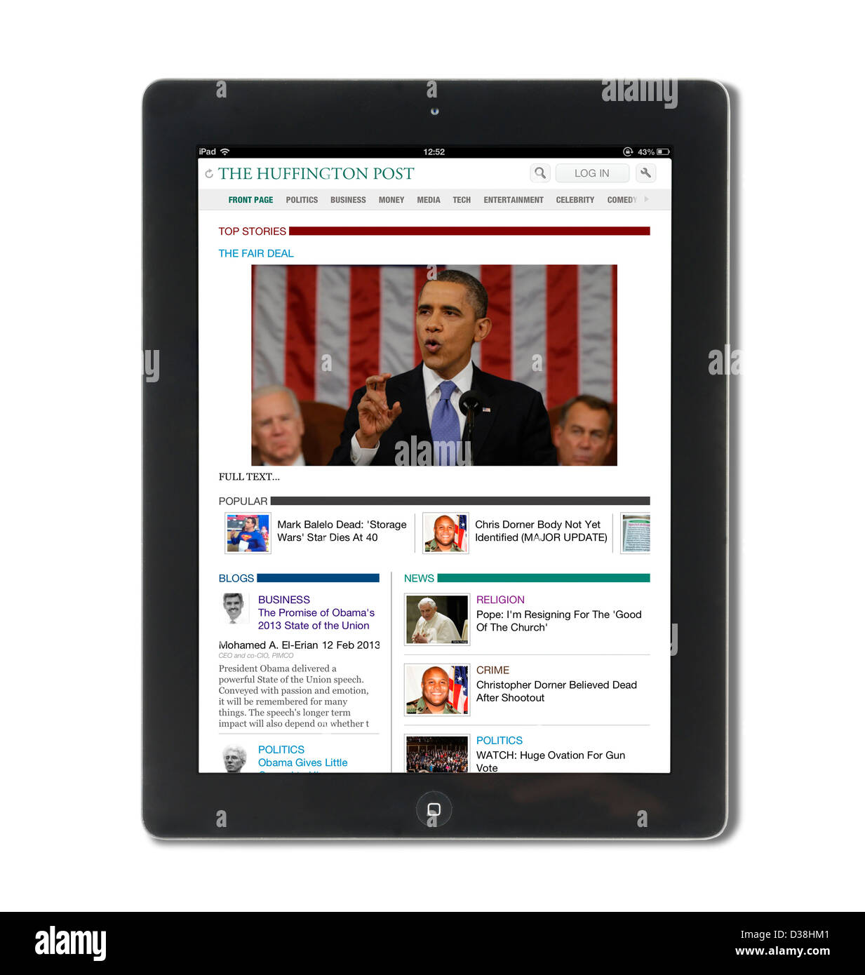 App per iPad per la edizione USA di Huffington Post visualizzati su una quarta generazione di Apple iPad, STATI UNITI D'AMERICA Foto Stock