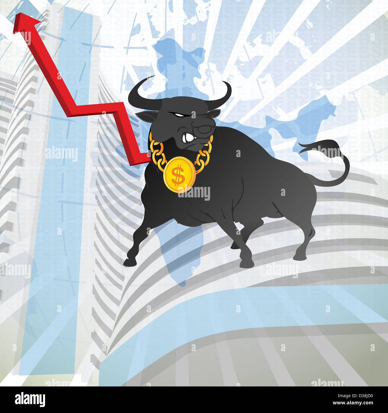 Bull con uprise segno di freccia nella parte anteriore di una borsa, Bombay Stock Exchange, Mumbai, Maharashtra, India Foto Stock