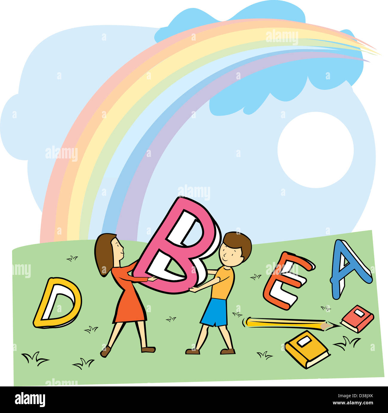 Un ragazzo e una ragazza che gioca con alfabeti con un arcobaleno nel cielo Foto Stock