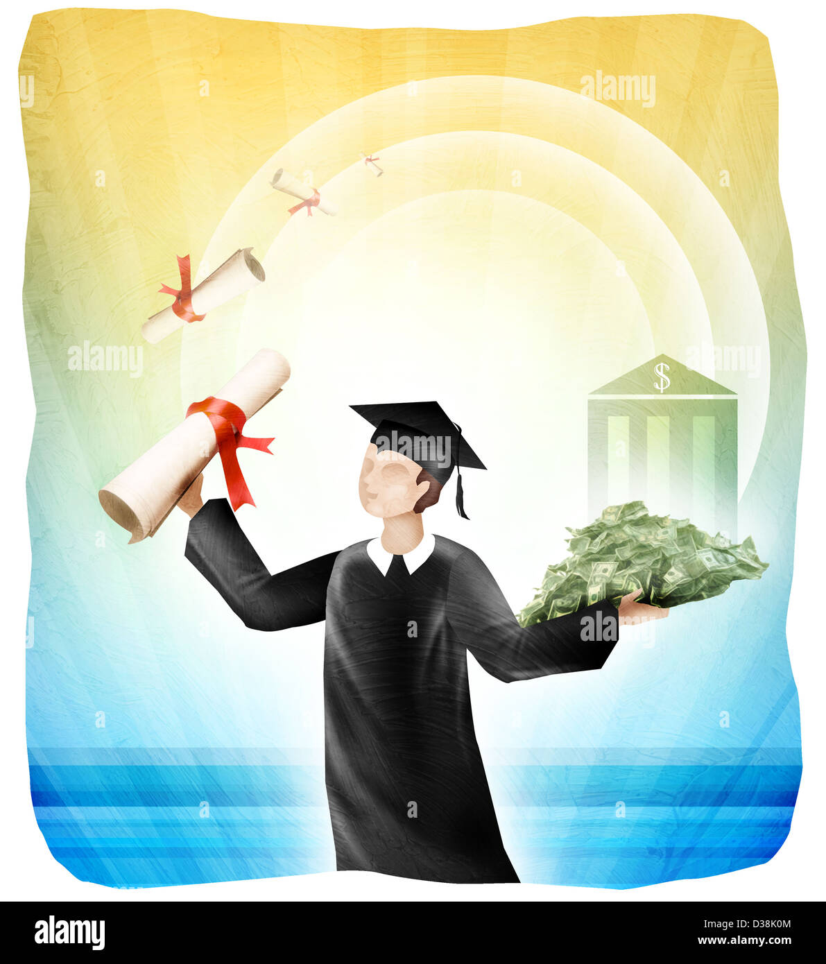 Studente universitario diploma di contenimento e denaro Foto Stock