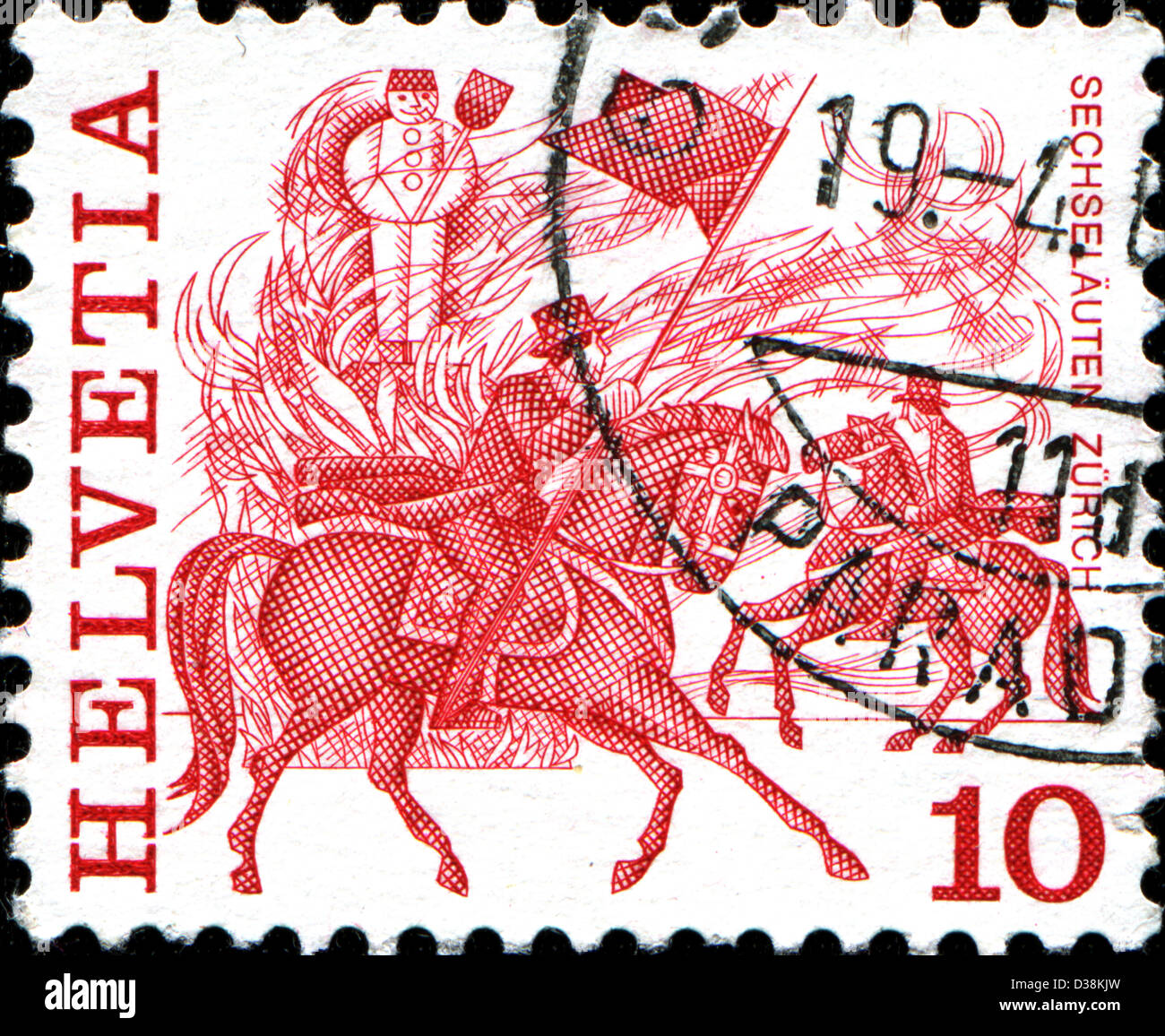 Svizzera - circa 1977: un timbro stampato in Svizzera mostra cavallo di razza, Zurigo, serie usanze popolari, circa 1977 Foto Stock