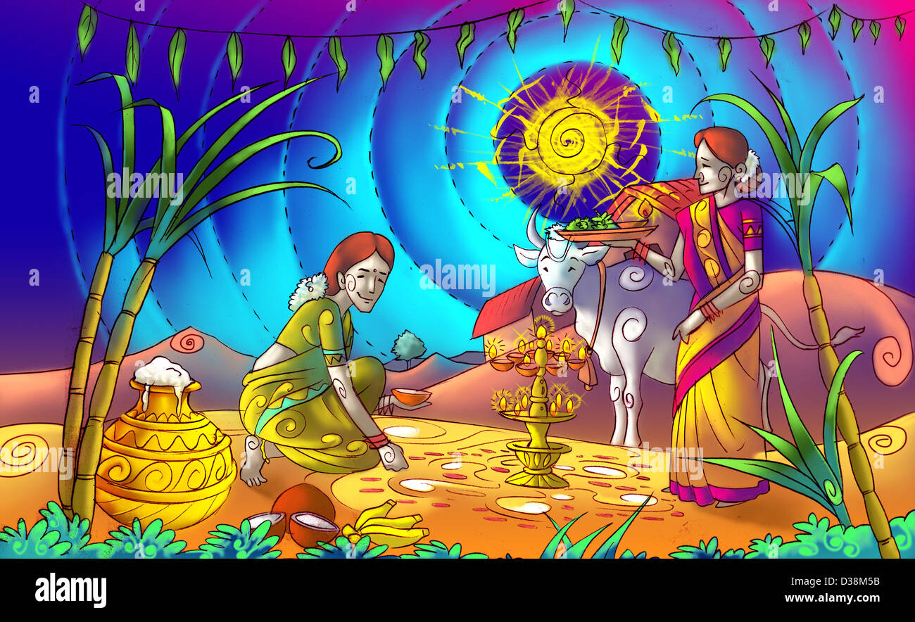 Due donne pregando il bestiame con festival di pongal, Tamil Nadu, India Foto Stock