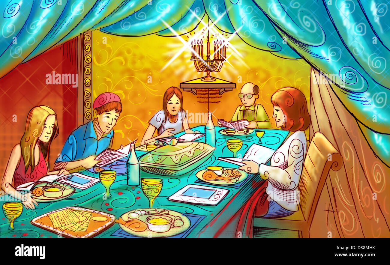 La famiglia a un tavolo da pranzo per celebrare feste della Pasqua ebraica Foto Stock