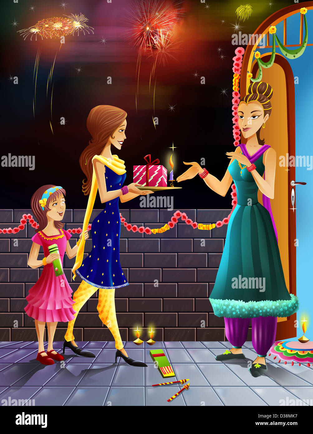 Le donne dando dono al suo prossimo in occasione del Diwali Foto Stock