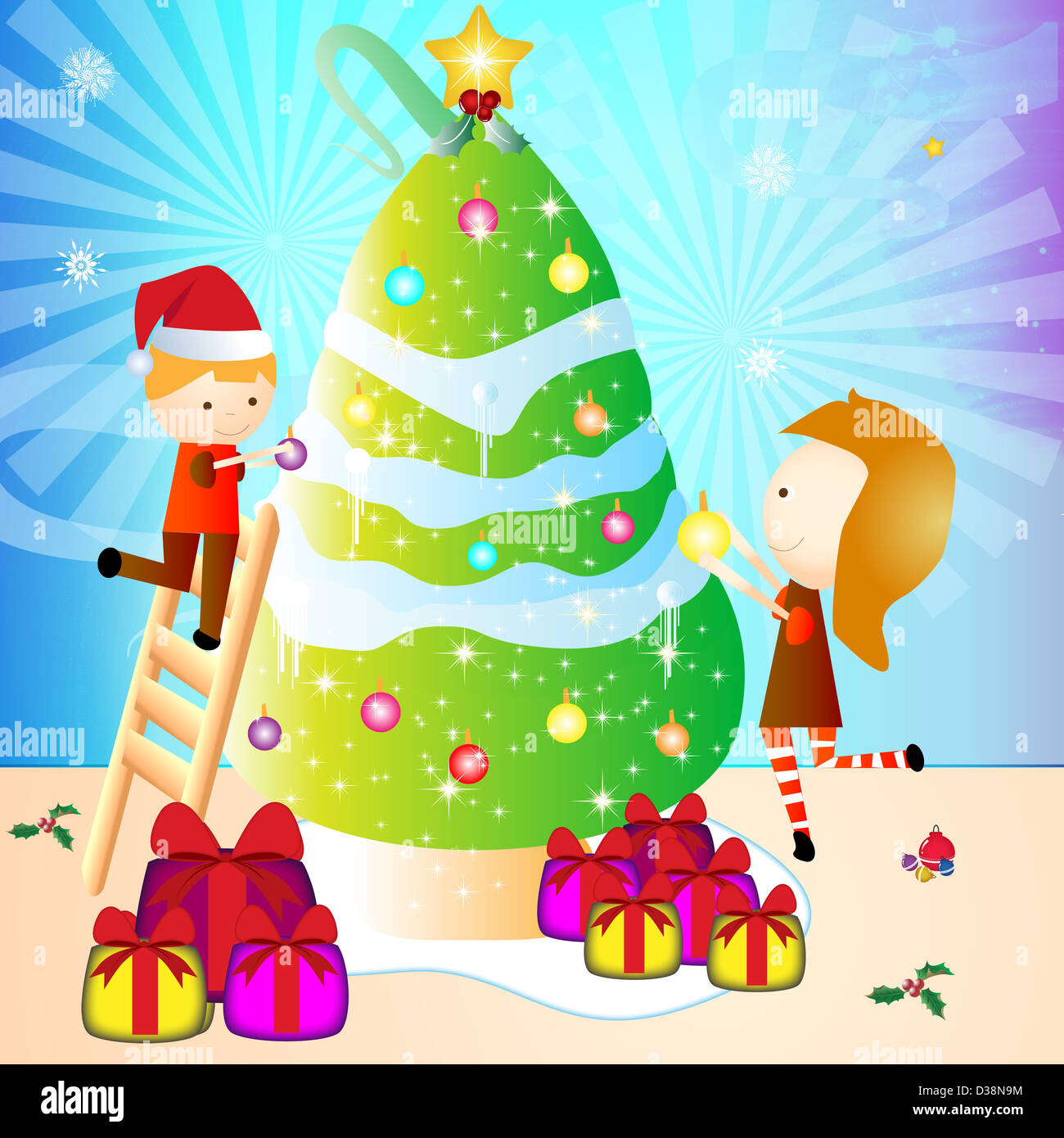 Un ragazzo e una ragazza la decorazione di un albero di Natale Foto Stock