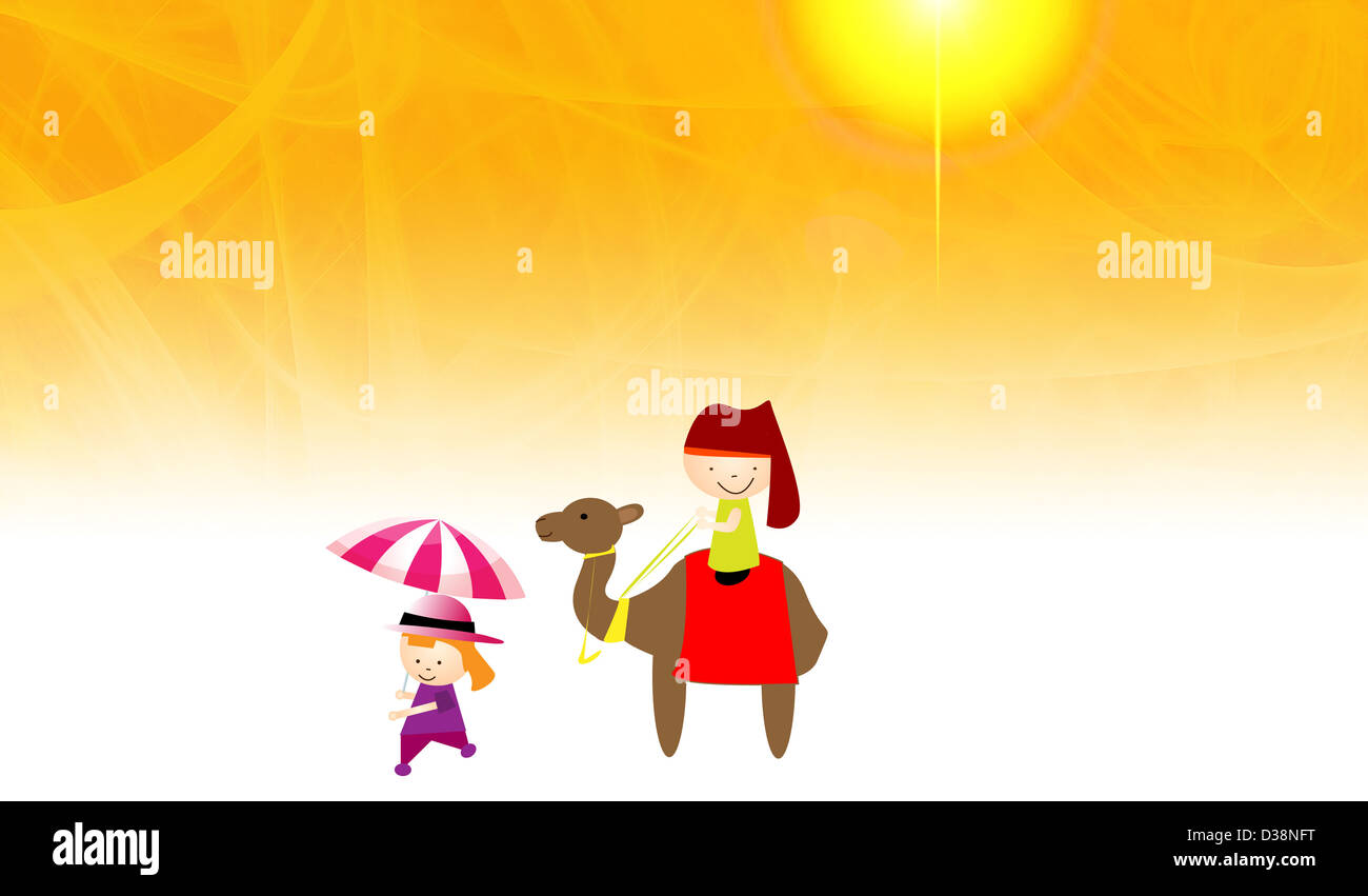 Ragazza a dorso di un cammello guidato da una guida Foto Stock