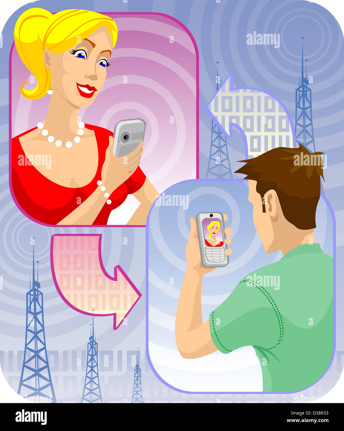 L'uomo video chat vocale attraverso i telefoni cellulari con una donna Foto Stock