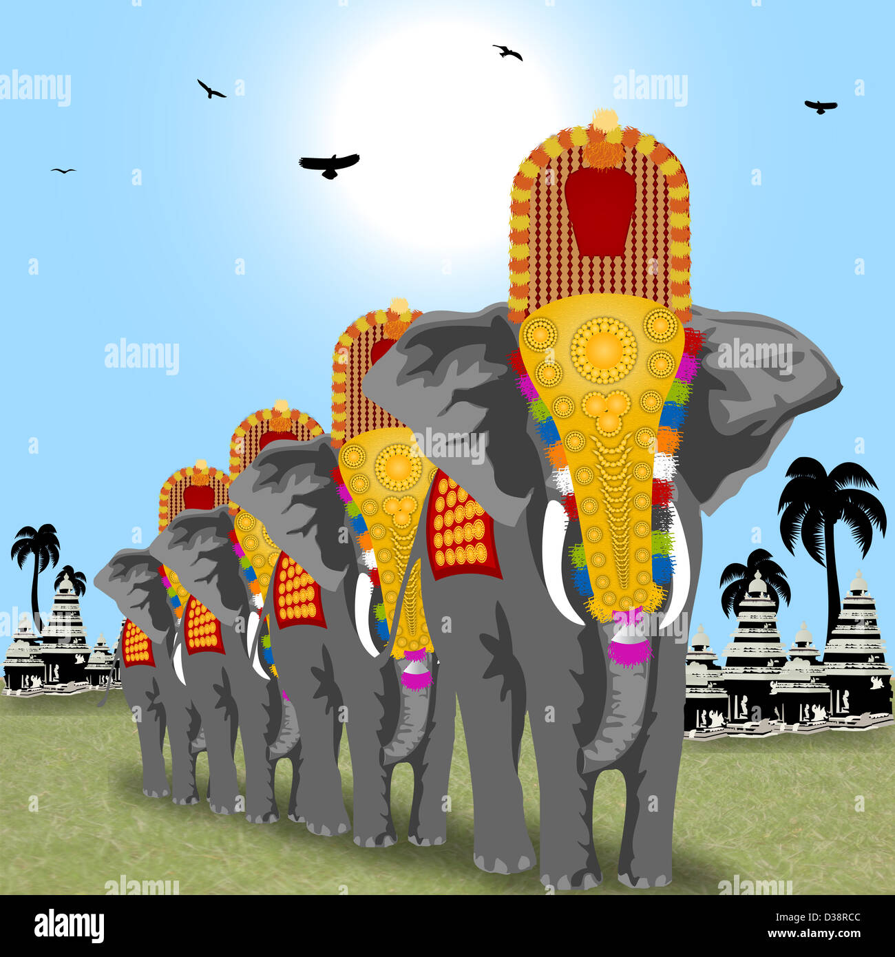 Decorate elefanti al tempio complesso, India Foto Stock