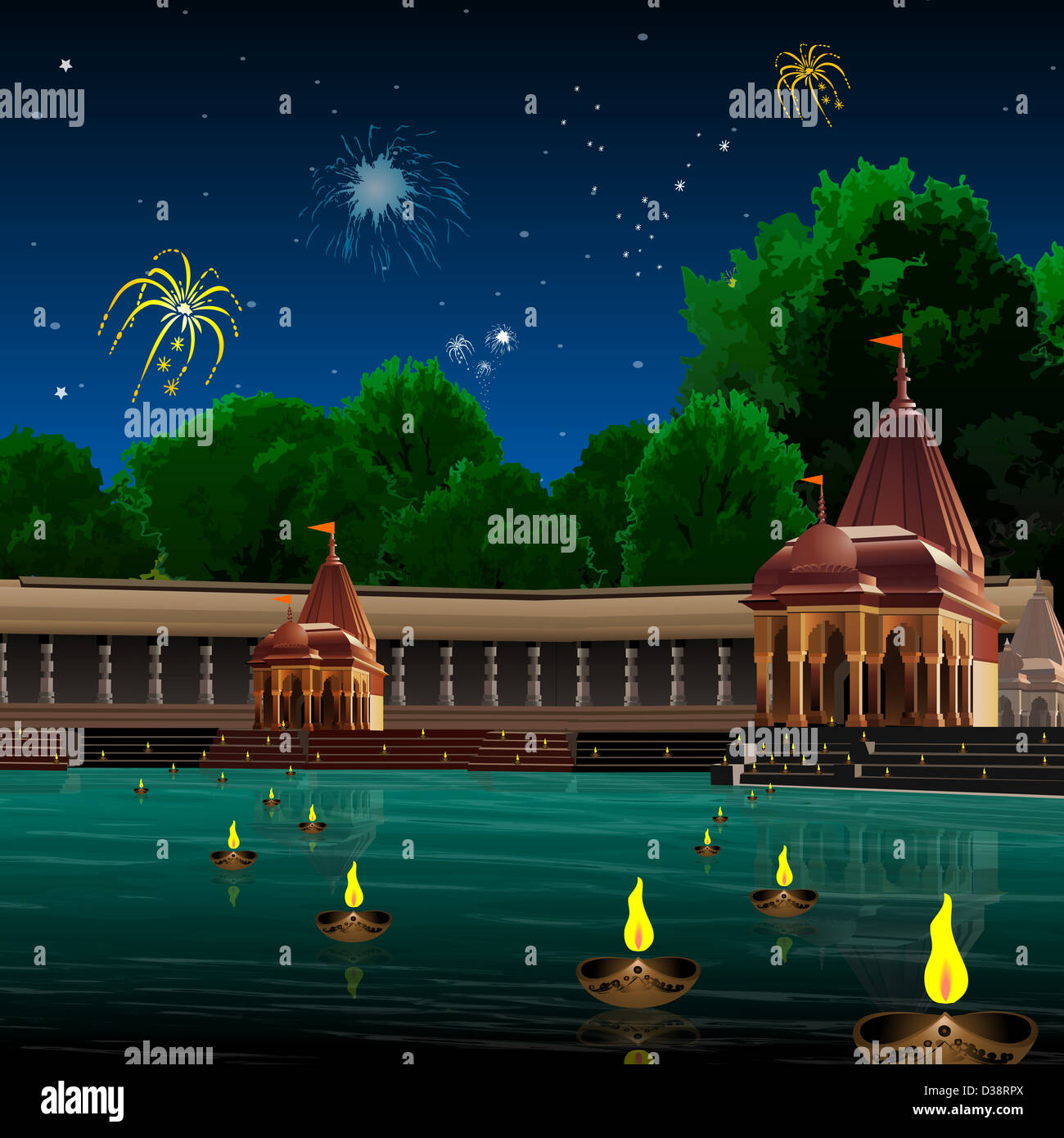 Ghat e tempio decorato con lampade a olio, Varanasi, Uttar Pradesh, India Foto Stock