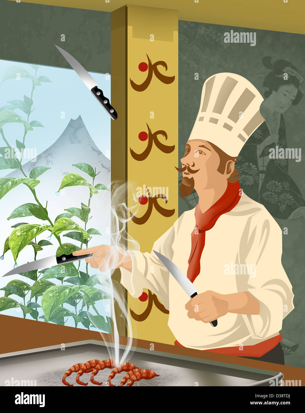 Immagine illustrativa dello chef giocoleria con coltelli in cucina Foto Stock