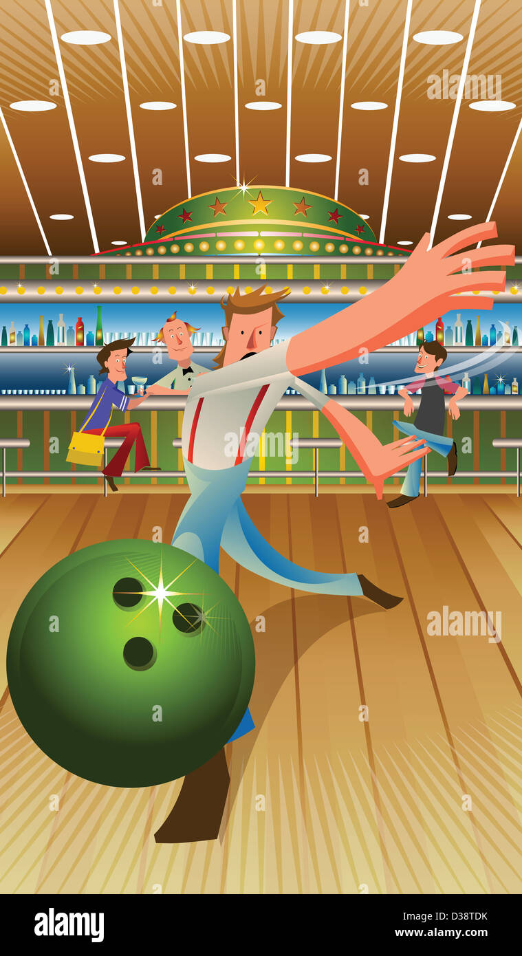 L'uomo gioca ten pin bowling Foto Stock
