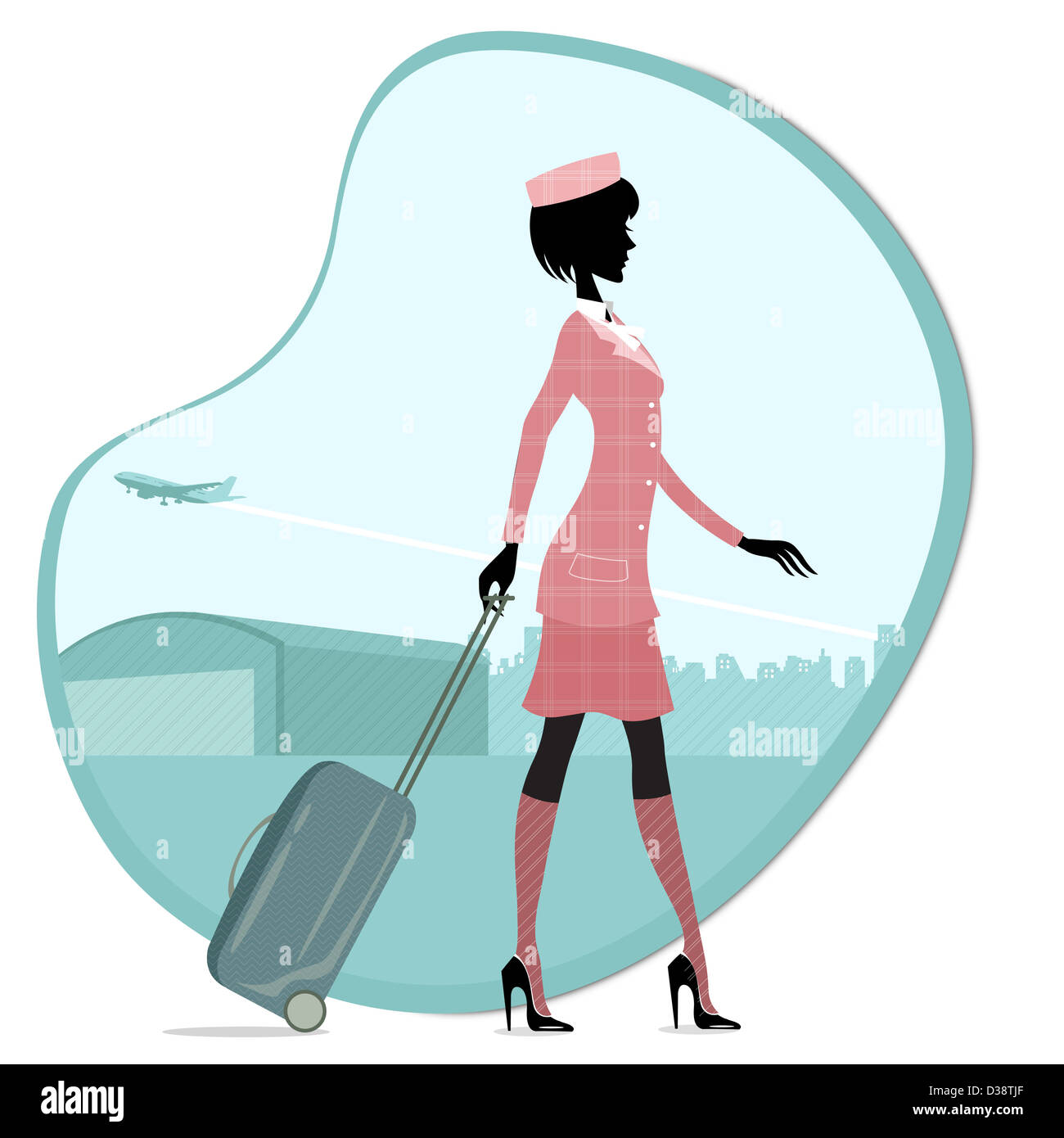 Hostess a piedi con i bagagli in un aeroporto Foto Stock