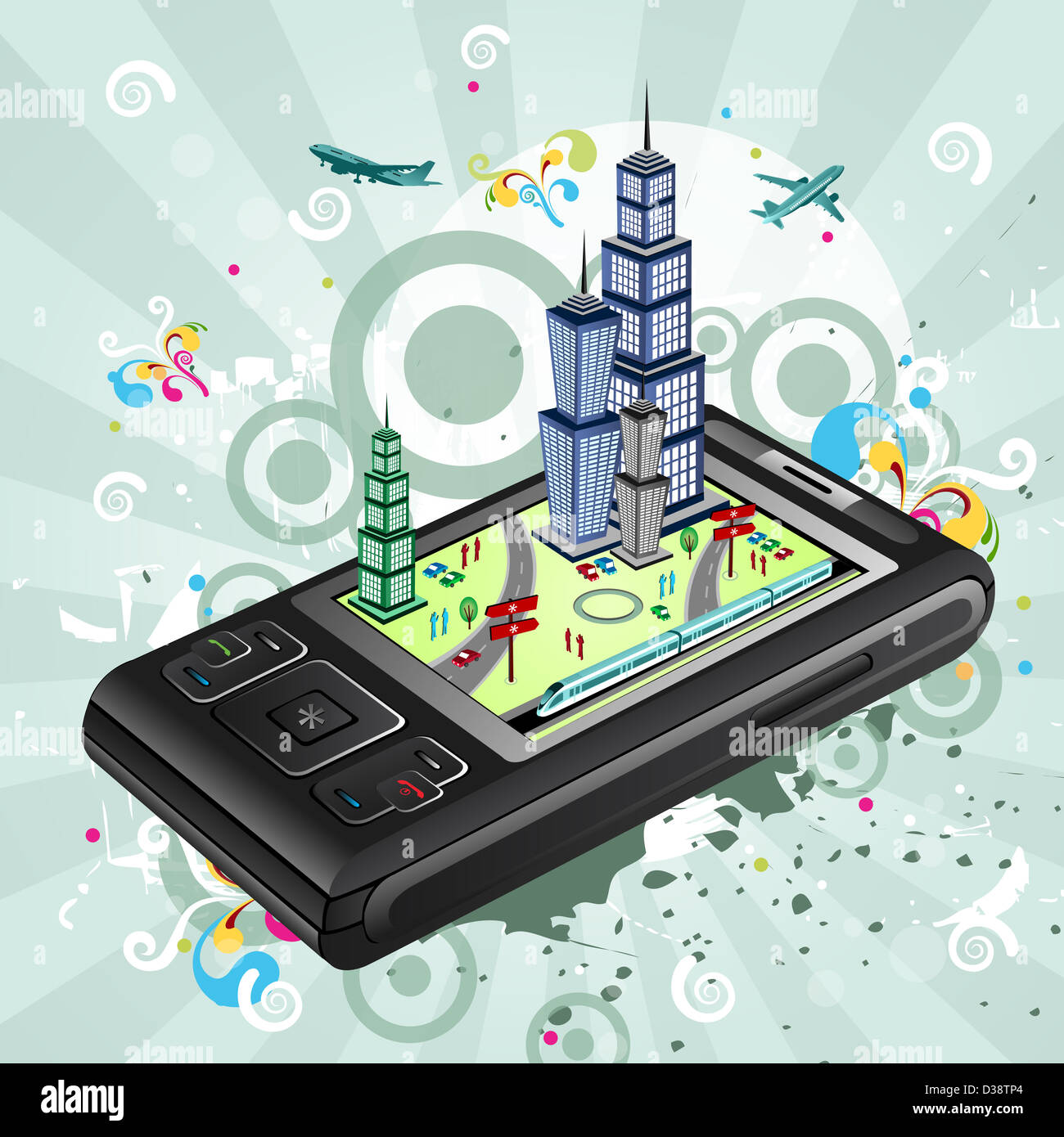 Rappresentazione illustrativa che mostra l'uso di un telefono cellulare per la pianificazione di viaggi Foto Stock