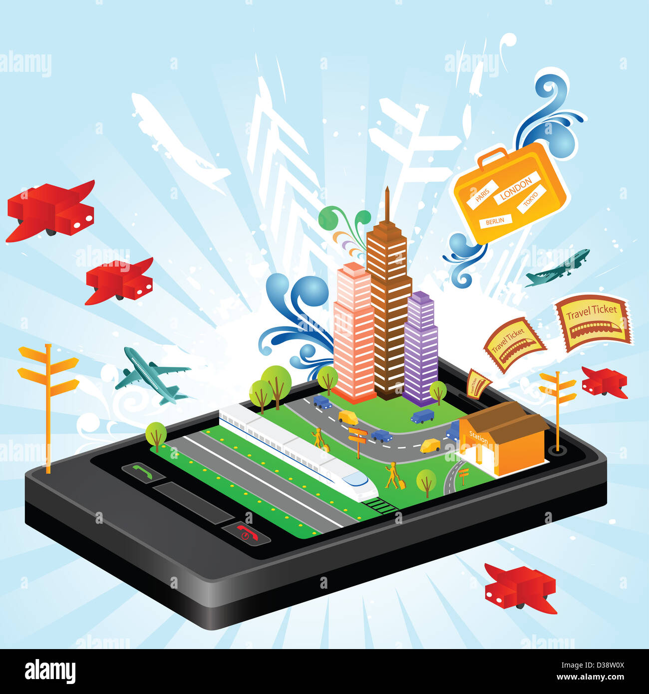 Rappresentazione illustrativa che mostra l'uso di un telefono cellulare per la pianificazione di viaggi Foto Stock