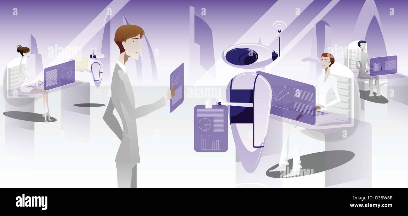 Gli imprenditori che lavorano in un ufficio con robot Foto Stock
