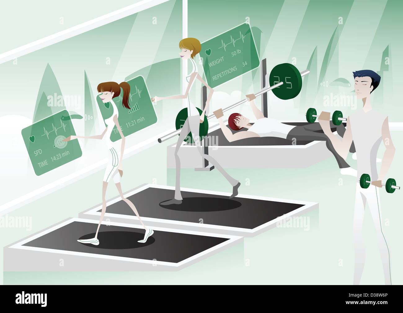 La gente seduta di allenamento in un hi-tech palestra Foto Stock