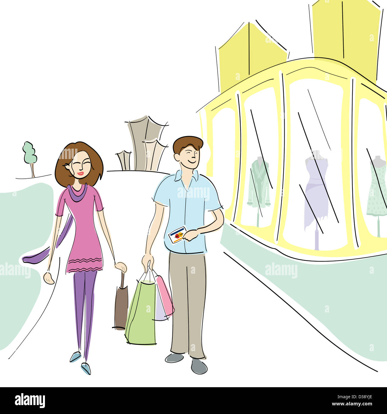 Paio di camminare sulla strada con le borse della spesa Foto Stock