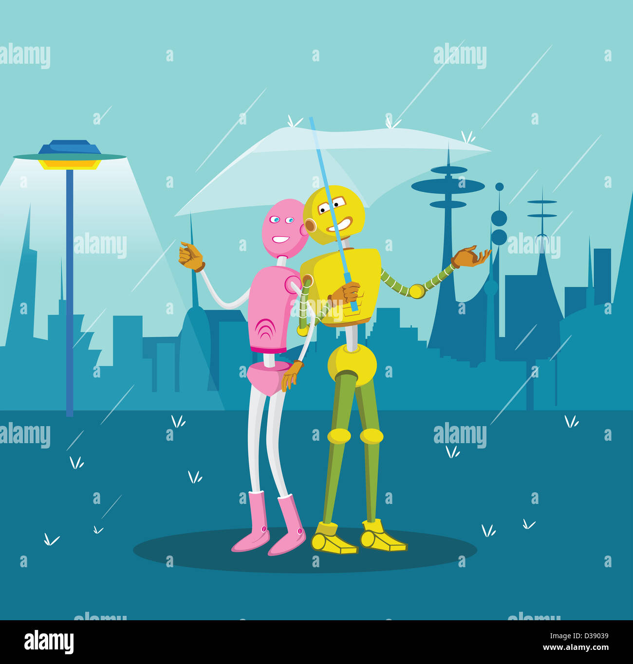 Coppia di robot il ricovero sotto un ombrello durante la pioggia Foto Stock