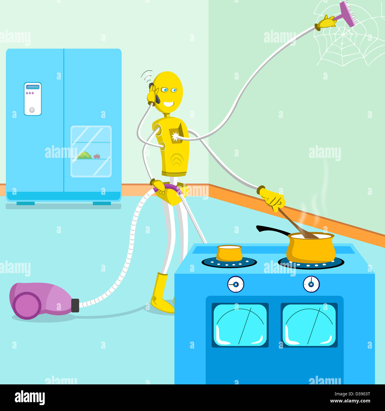 Multi-robot armati pulizia casa, la cottura dei cibi e a parlare su un telefono mobile Foto Stock