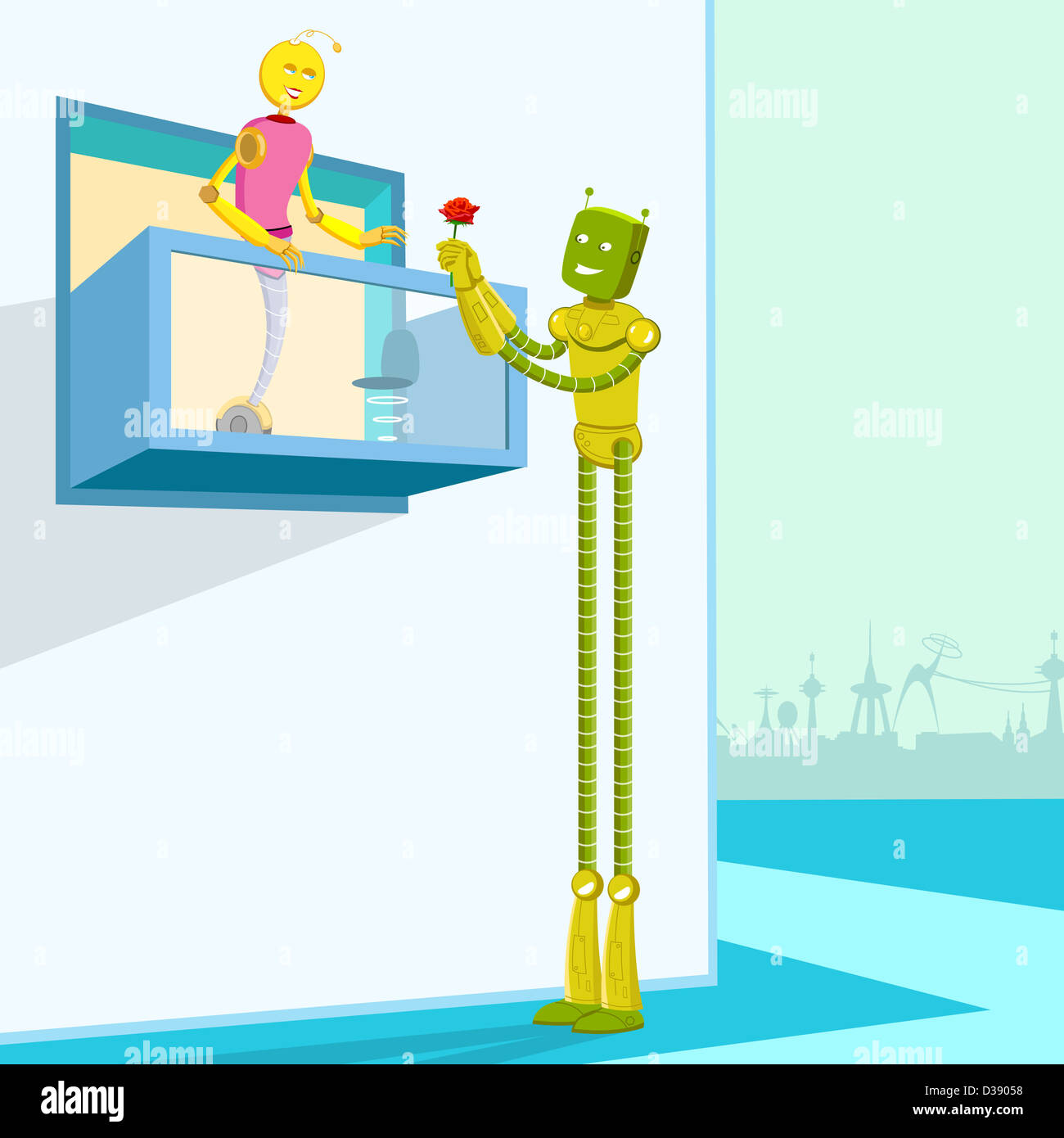 Robot maschio proponendo un robot femmina con un fiore Foto Stock