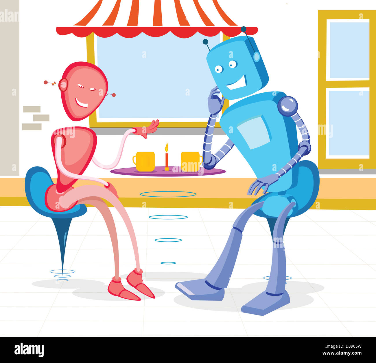 Coppia di robot in un cafè sul marciapiede Foto Stock