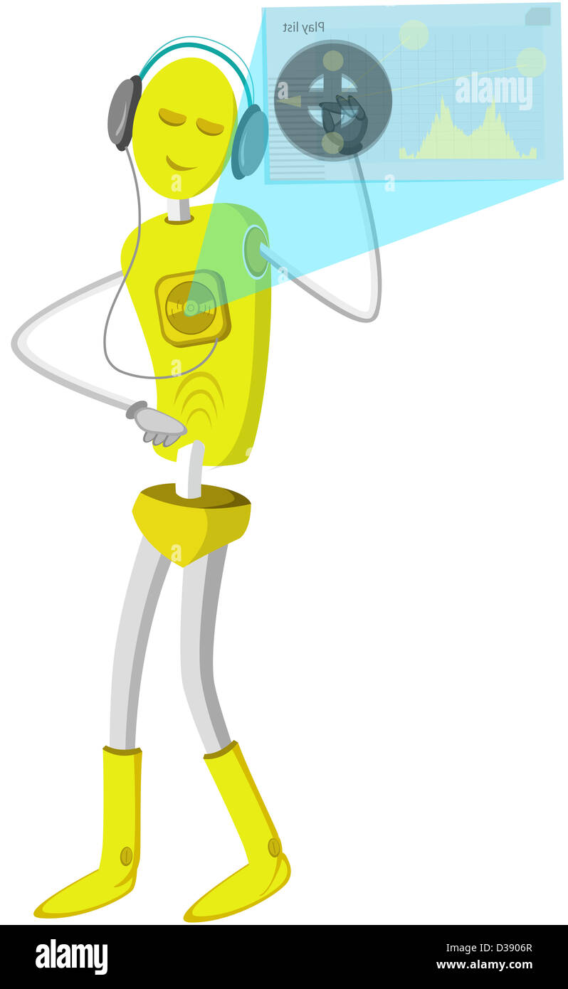 Robot ascoltando musica e ballo Foto Stock