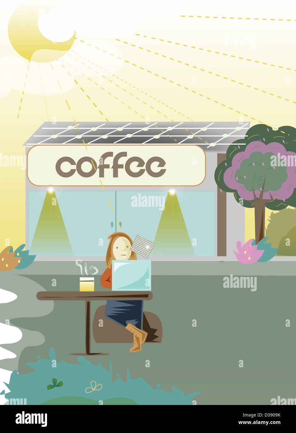 Donna che utilizza la ricarica solare portatile Foto Stock