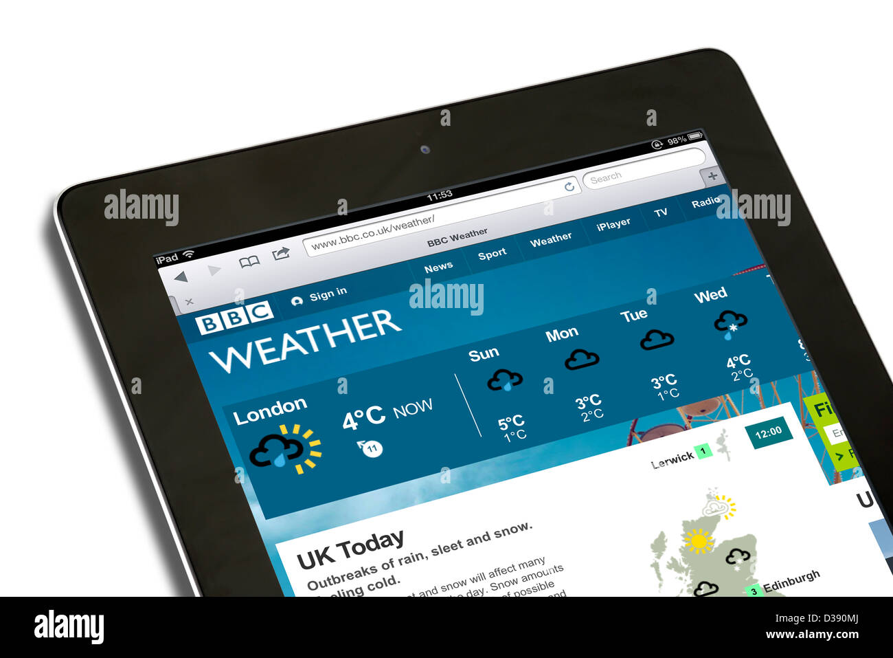 La BBC weather website visualizzati su una quarta generazione di Apple computer tablet iPad Foto Stock