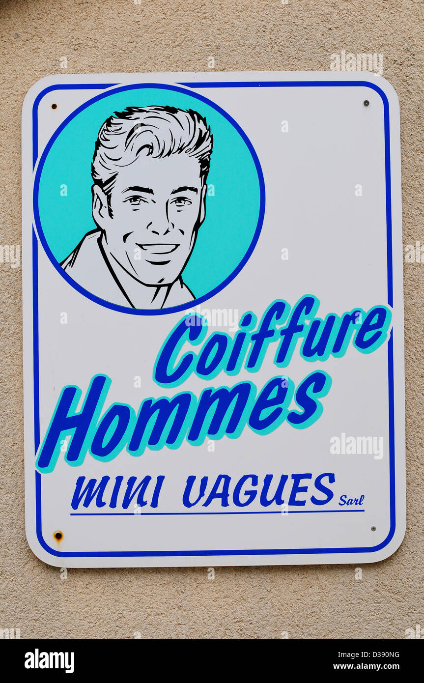 "Coiffure Hommes' - uomini parrucchiere sign in Francia Foto Stock