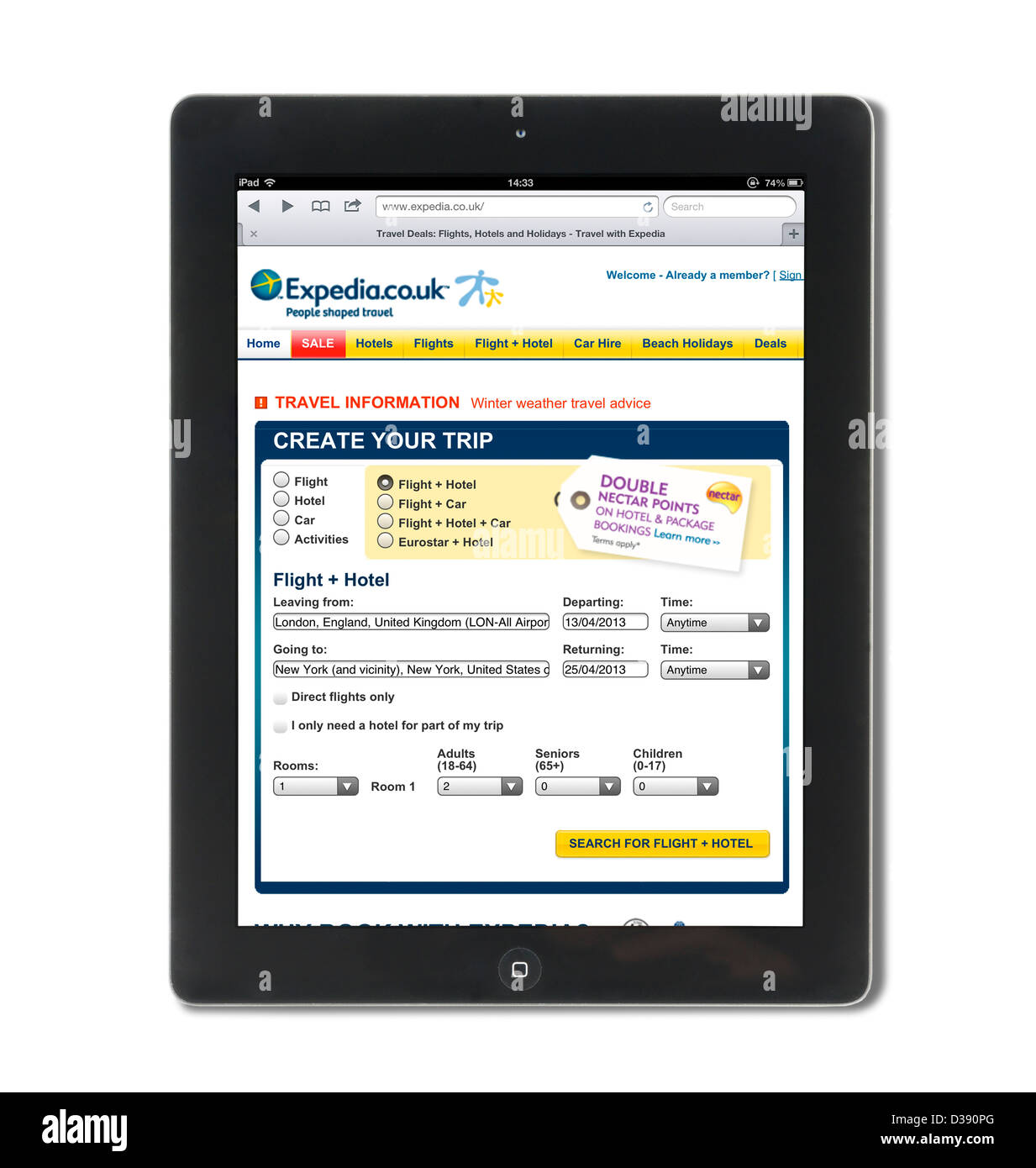 Il Expedia Regno Unito sito web visualizzato su una quarta generazione di Apple computer tablet iPad, REGNO UNITO Foto Stock
