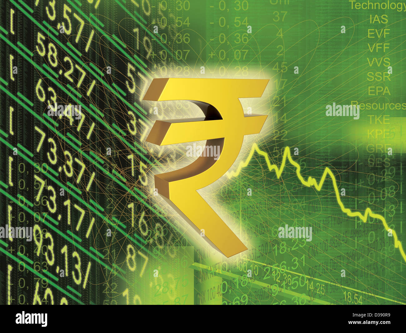 Rupia indiana simbolo con i dati finanziari Foto Stock