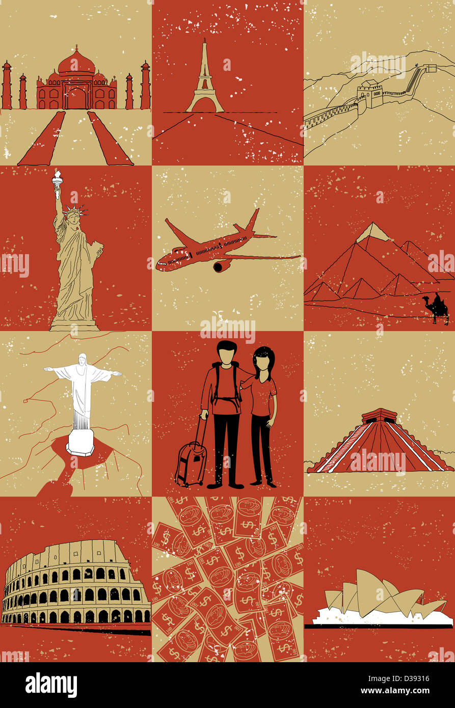 Montage illustrazione delle meraviglie del mondo Foto Stock