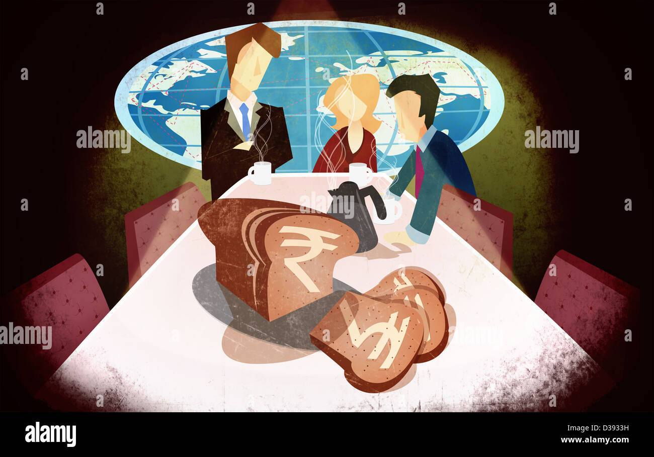 Riunione del consiglio di amministrazione con simbolo di rupie pane sul tavolo Foto Stock