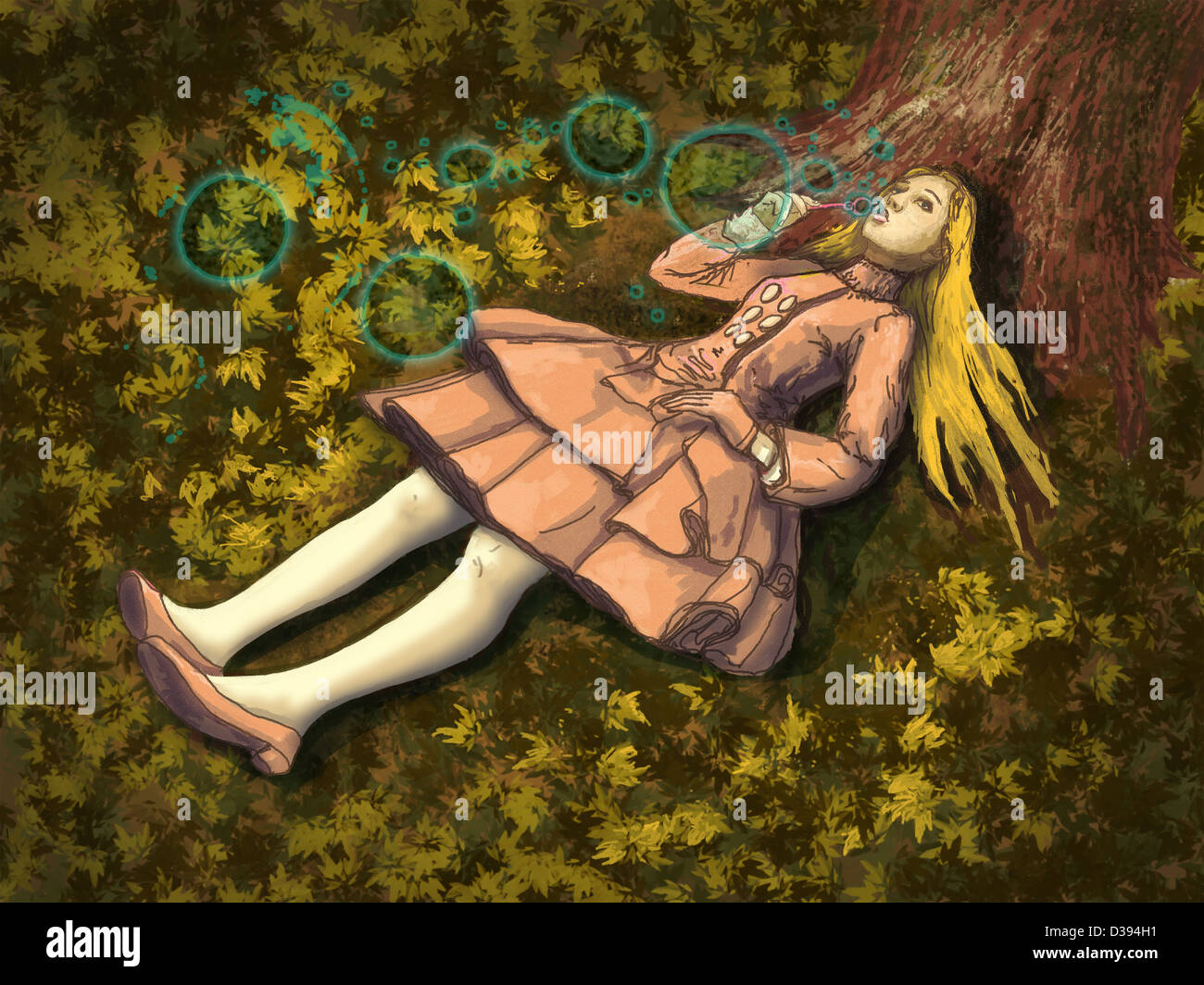 Immagine illustrativa di una ragazza soffia bolle di sapone Foto Stock