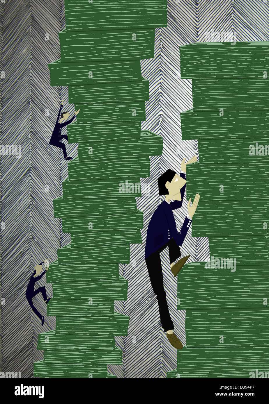 Tre persone che salgono su una pila di carta moneta Foto Stock