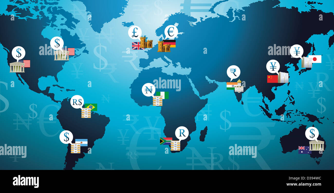 Illustrazione colpo di simboli di valuta in rappresentanza di paesi in una mappa del mondo Foto Stock