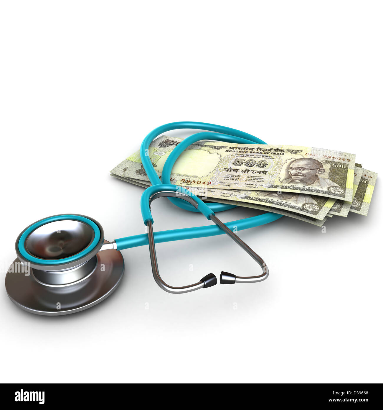 Immagine di uno stetoscopio con rupia indiana nota Foto Stock