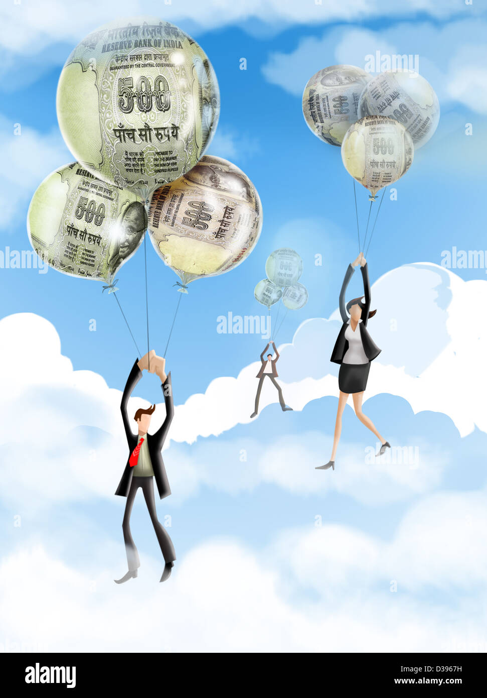 Gli imprenditori battenti con palloncini di gonfiaggio Foto Stock