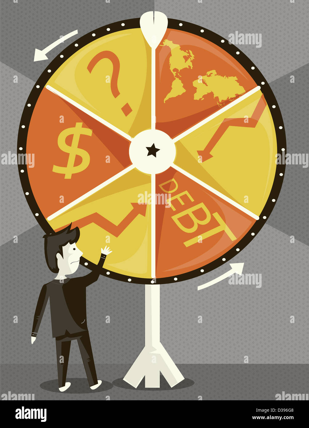 Imprenditore con ruota di filatura del ciclo di business cercando la sua fortuna Foto Stock