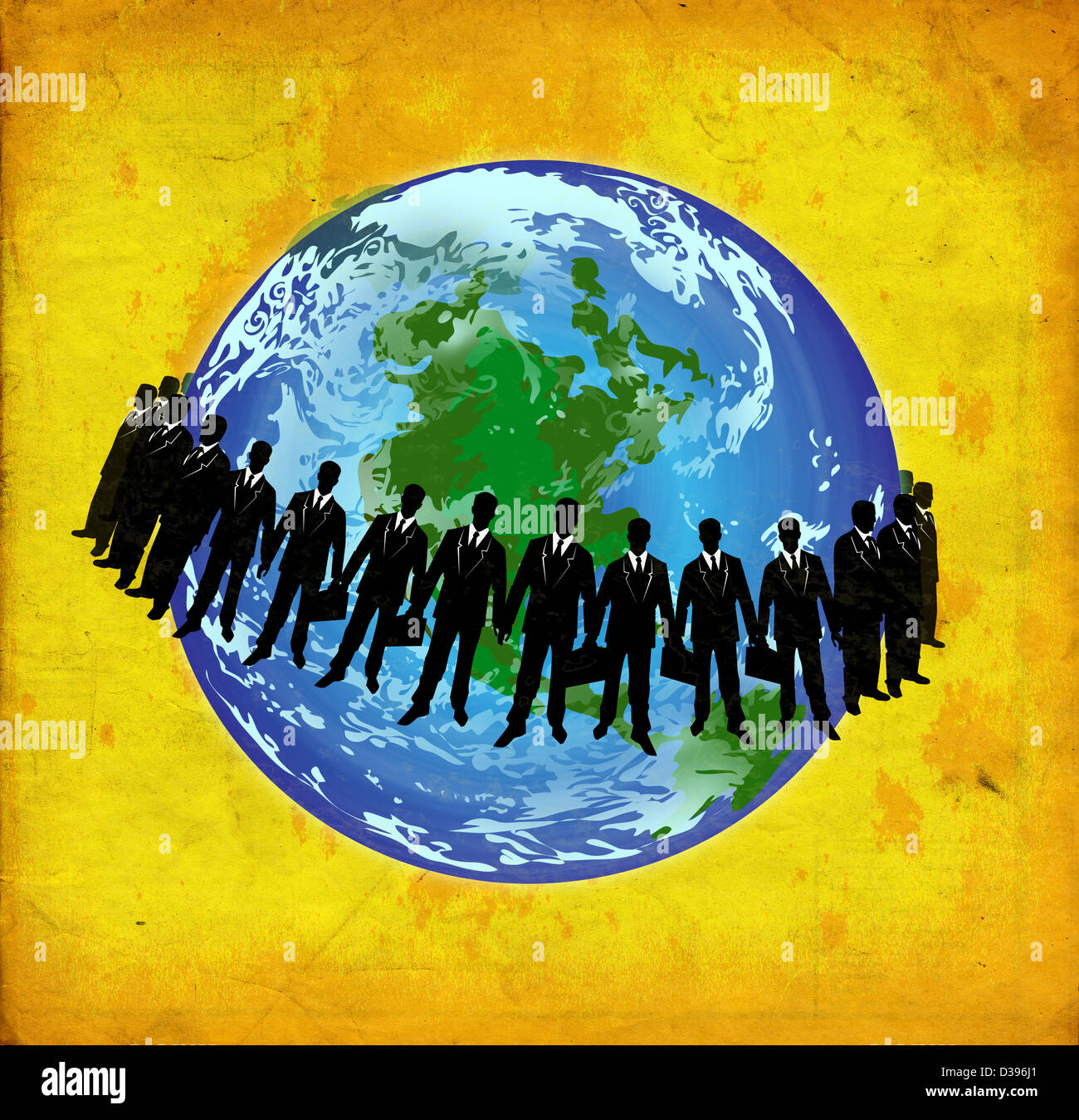 Inquadratura concettuale di uomini di affari in piedi intorno al globo in rappresentanza di global business Foto Stock