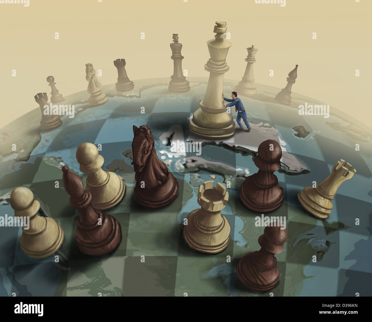 Inquadratura concettuale di scacchi grandi pezzi che rappresentano le strategie per aziende di grandi dimensioni Foto Stock