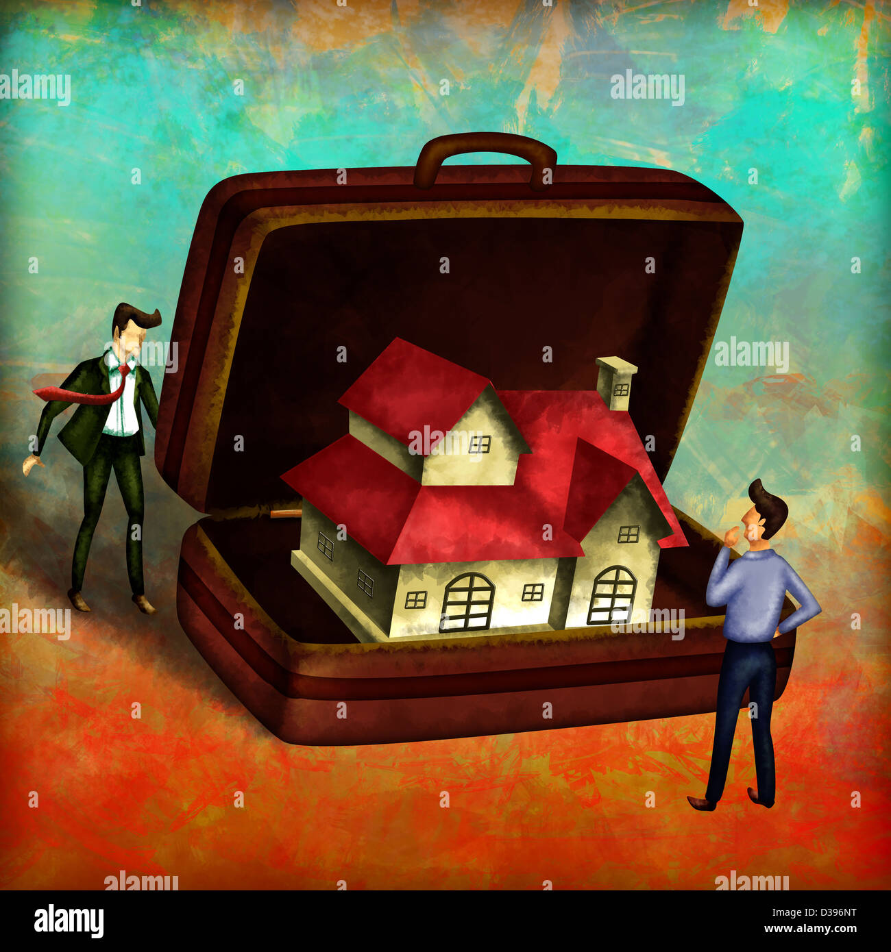 Illustrazione di agente con il modello di casa in borsa che raffigura il concetto di servizi immobiliari Foto Stock