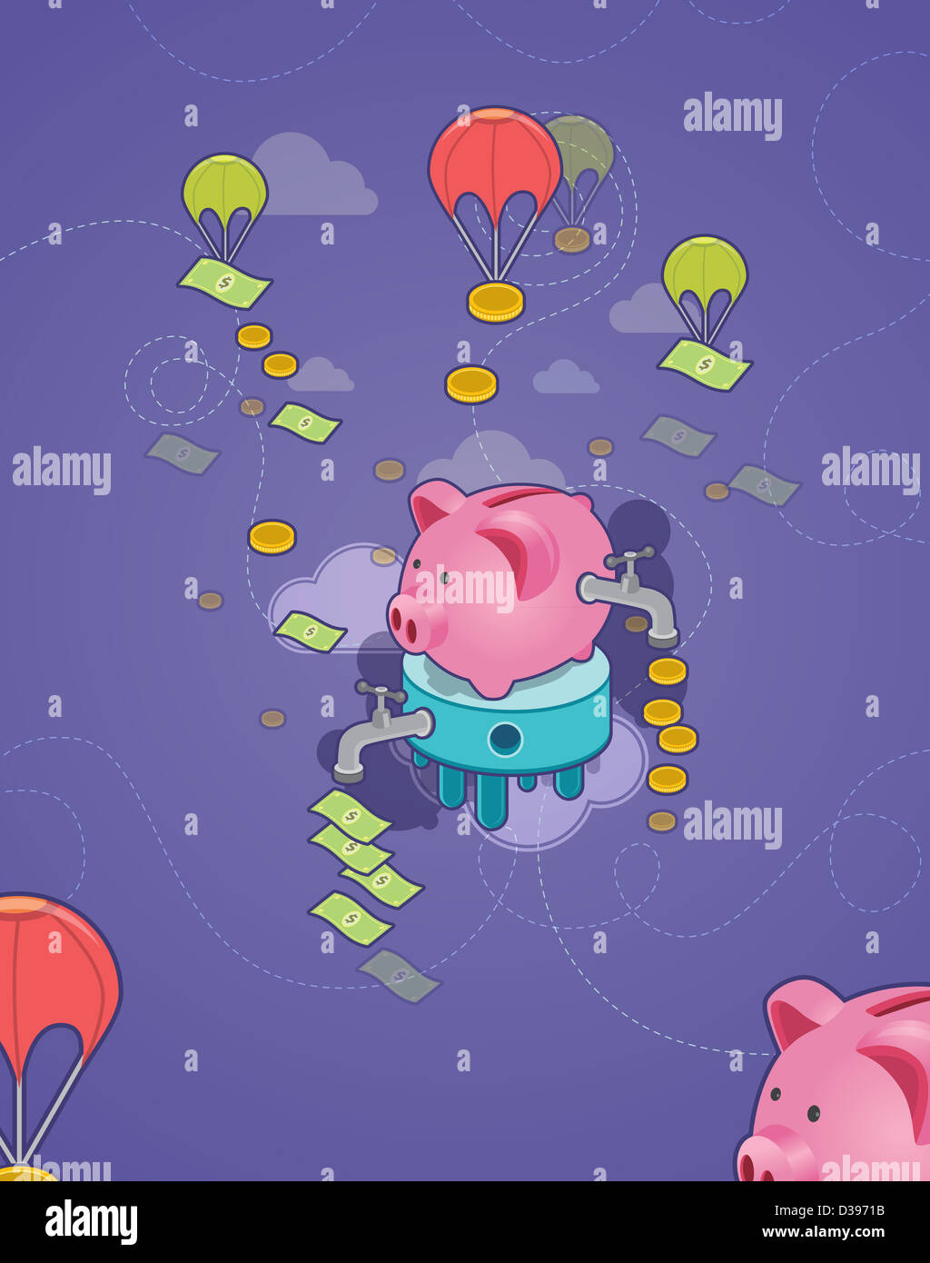 A titolo illustrativo colpo di salvadanaio con rubinetto e battenti parachute raffiguranti concetto di flusso di cassa e la gestione di denaro Foto Stock