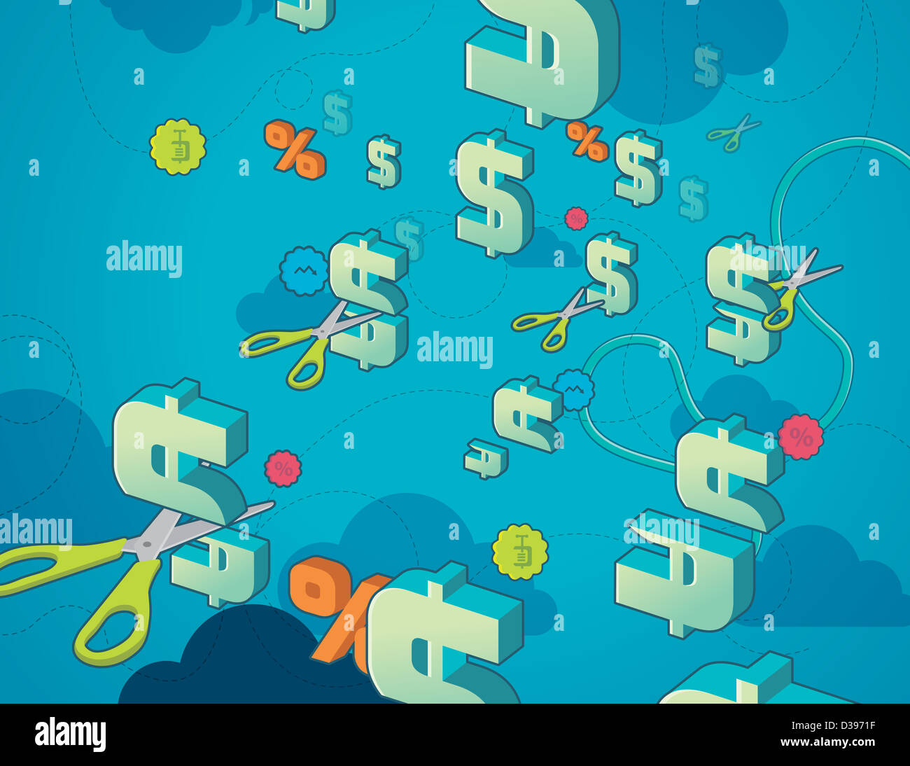 Illustrazione di forbici e simbolo del dollaro che raffigura il concetto di riduzione dei costi Foto Stock