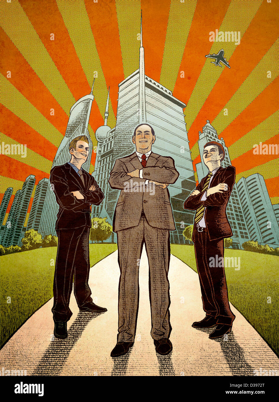 Illustrazione concettuale del business manager con i dirigenti in piedi nella parte anteriore del quartiere finanziario che illustra lo sviluppo Foto Stock