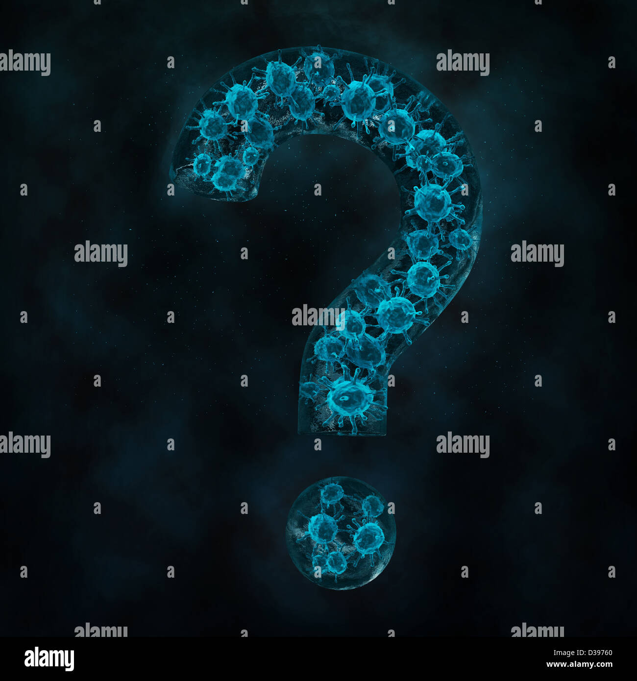 Illustrazione biomedica di virus nel punto interrogativo su sfondo nero Foto Stock